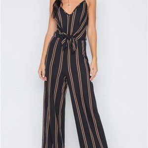 Black Striped Wide leg Tie Waist Jumpsuit